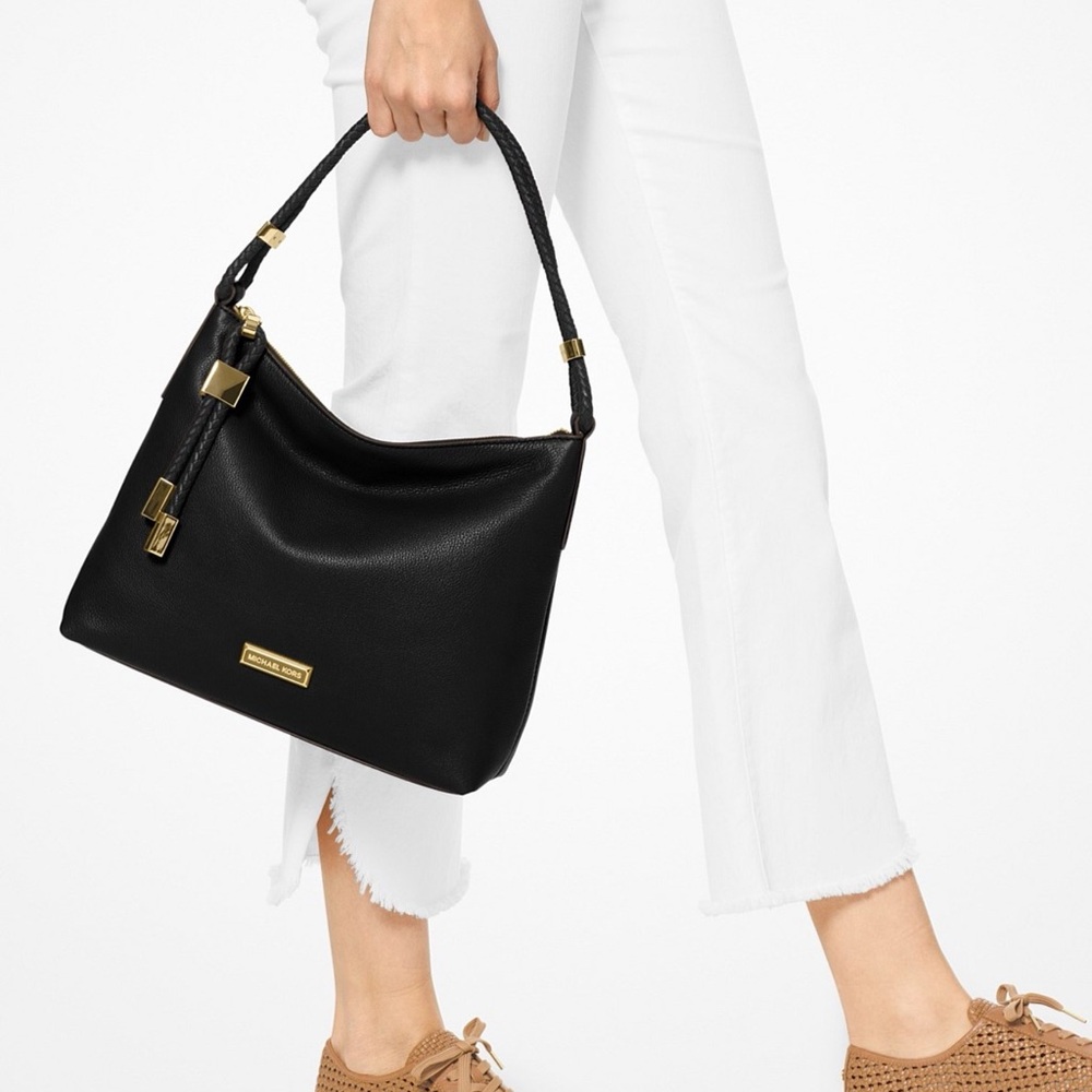 Michael Kors Lexington Genuine Pebbled Leather Hobo Shoulder Bag Black Gold EUC